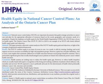 Health equity in national cancer control plans: An analysis of the Ontario Cancer Plan