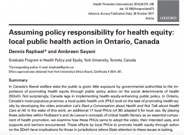 Assuming policy responsibility for health equity: local public health action in Ontario, Canada