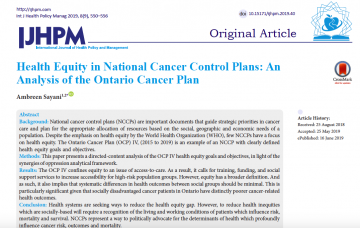 Health Equity in National Cancer Control Plans: An Analysis of the Ontario Cancer Plan