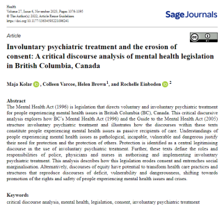 Involuntary and coercive psychiatric treatment: A Critical discourse analysis of British Columbia’s Mental Health Act